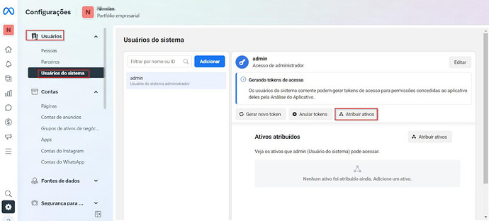 Usuários > Usuários do sistema > Atribuir ativos