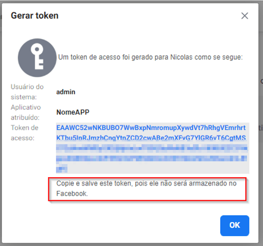 Importante! Copie e salve esse token!