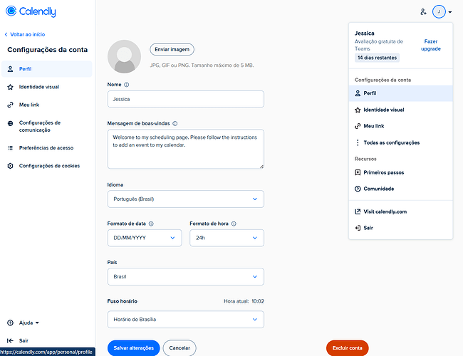 Configuraões da conta > Perfil
