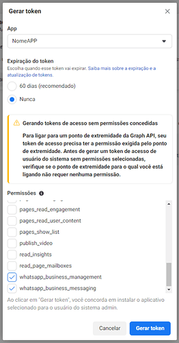 Opções de Gerar Token