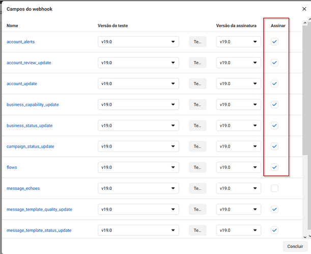 Campos do webhook