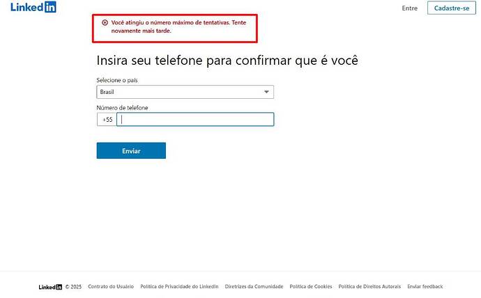 Erro na confirmação de conta por número de celular