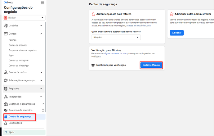 Configurações do negócio > Centro de segurança > Iniciar verificação