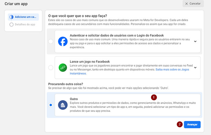 Criar um app > Opção outro