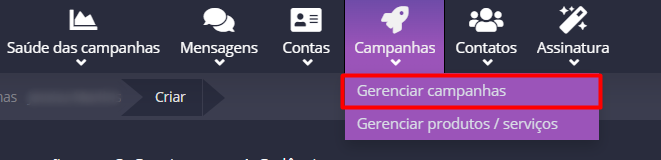 Menu Campanhas > Gerenciar campanhas
